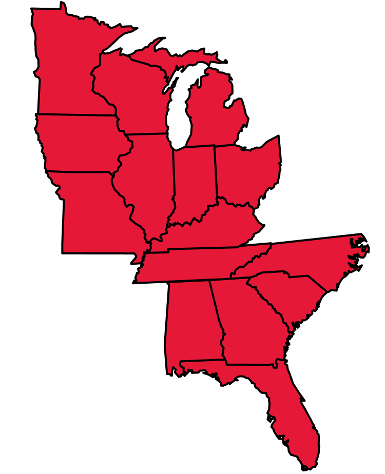 Map showing County Prestress and Precast service locations throughout the Midwest and Florida